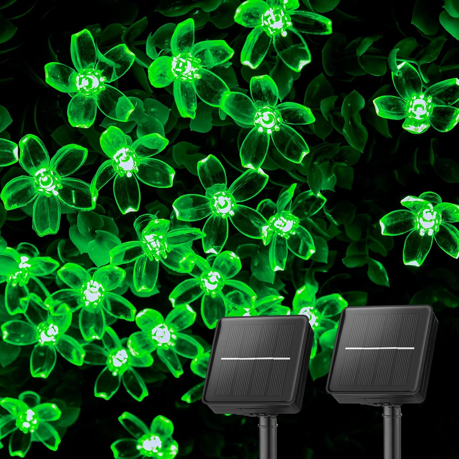 Brightown 2 Pack Total 52FT 120 LED Solar Flower String Lights for Outside Waterproof Fairy Lights for Garden Yard Fence Patio Christmas Tree Wedding Party Decor, Green