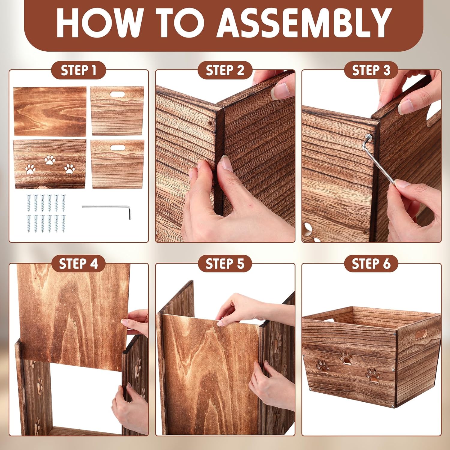 3 Pack Rustic Wooden Crates Hollow Claw Wooden Storage Boxes with Handles Dog Toy Box Large Handmade Farmhouse Decorative Wood Crate for Display