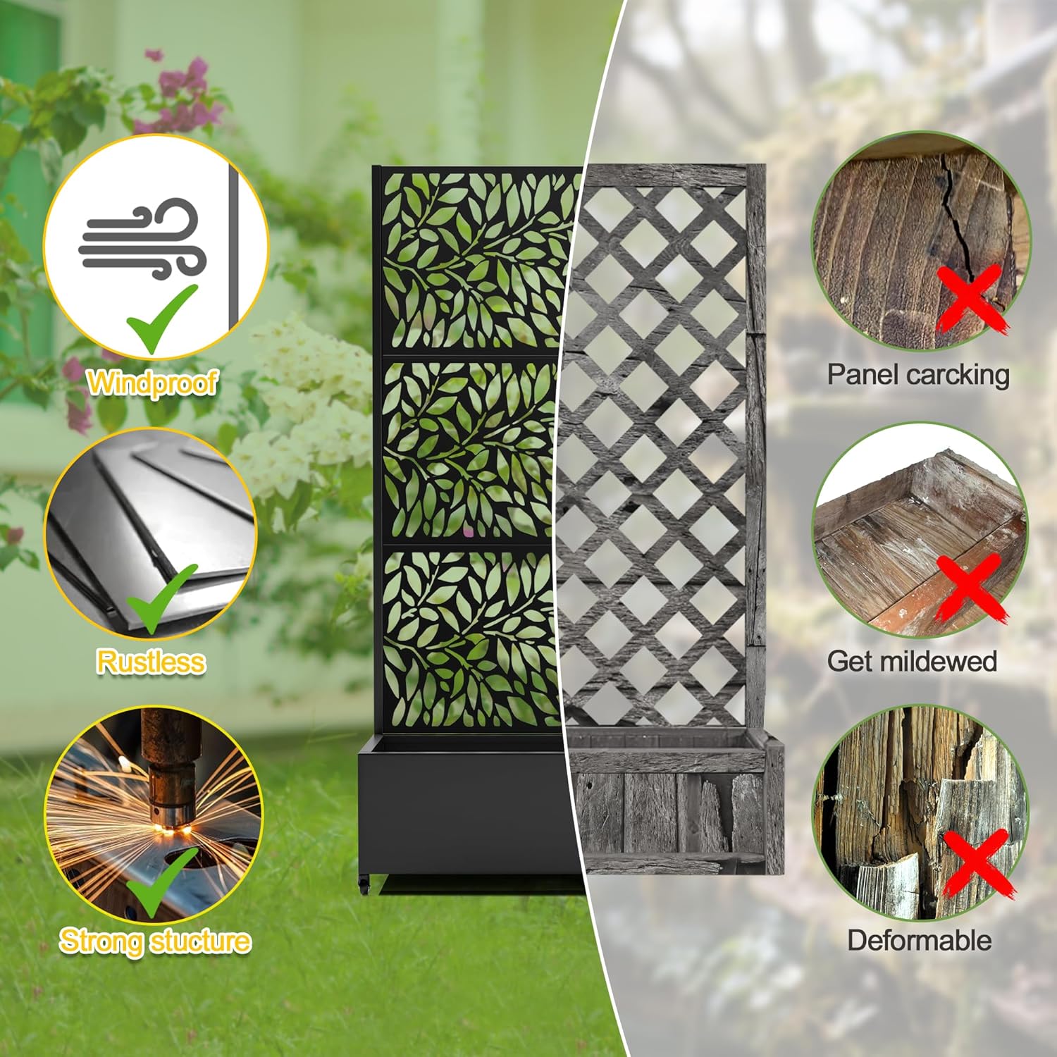 FENCY Metal Raised Garden Bed with Wheels and Trellis,73"x35"x16" Planter Box for Climbing Plants, Vegetables & Vines, Features Privacy Screen and Drainage Holes (Black-Leaf-2)