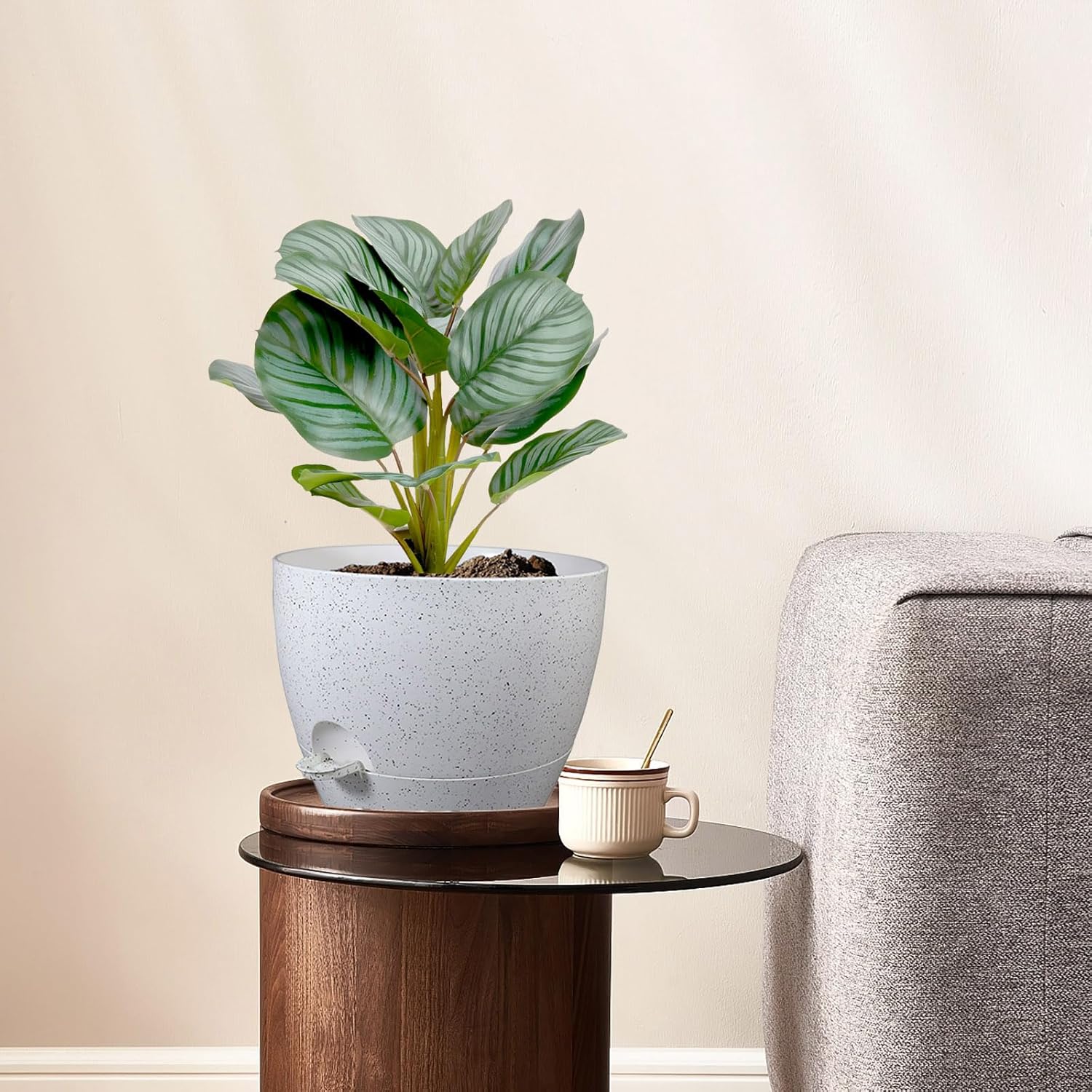 10 inch Self Watering Pots, Planter, Plant Pots with Mesh Drainage Holes for Indoor Outdoor House Plants and Garden, Set of 2 Plastic Flower Pots with Deep Reservoir, Speckled White