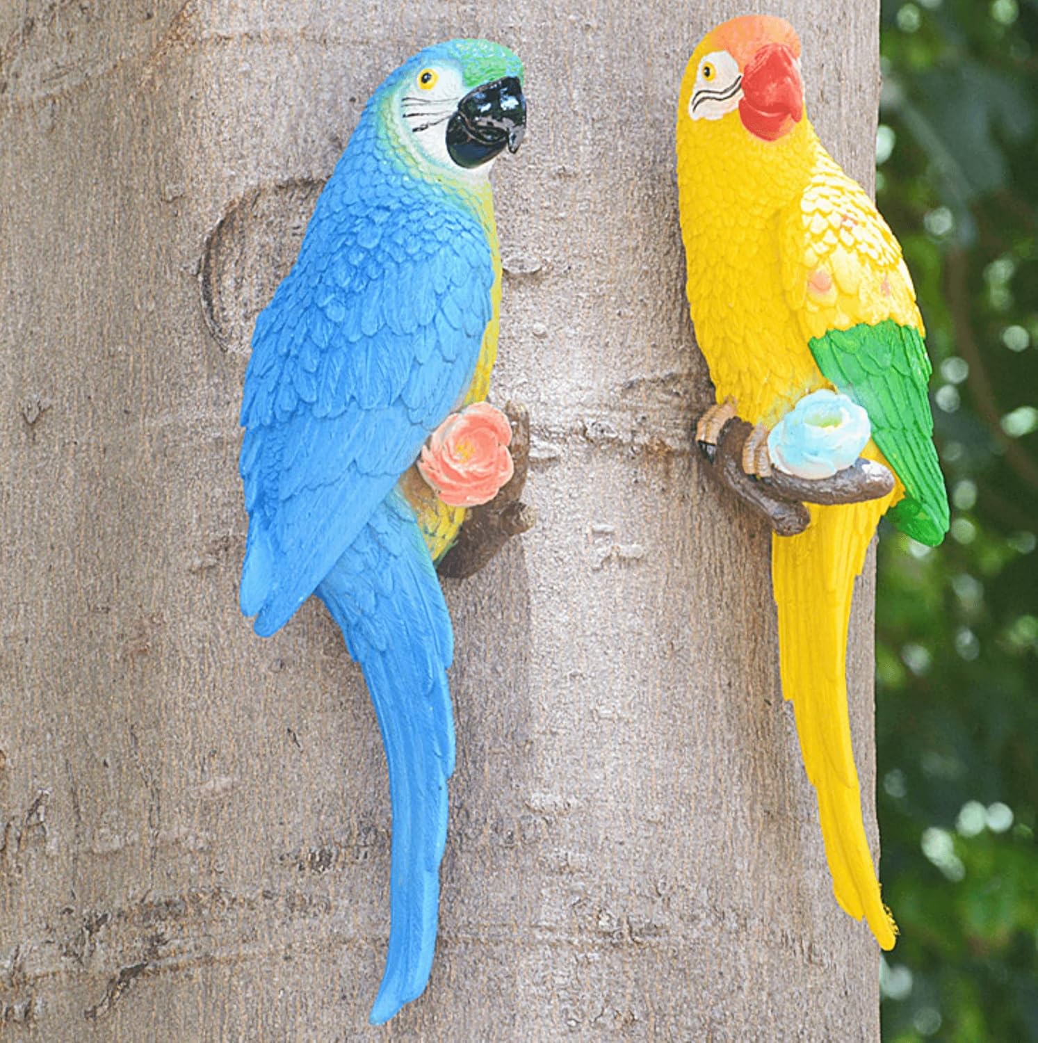 Bird Statue Garden Decorations,Outdoor Resin Bird Figurine Decoration,Bird Statue Real Parrot Figurine,Flapping Macaw Bird Tropical Decor Wall Sculpture, Polyresin, Full Color