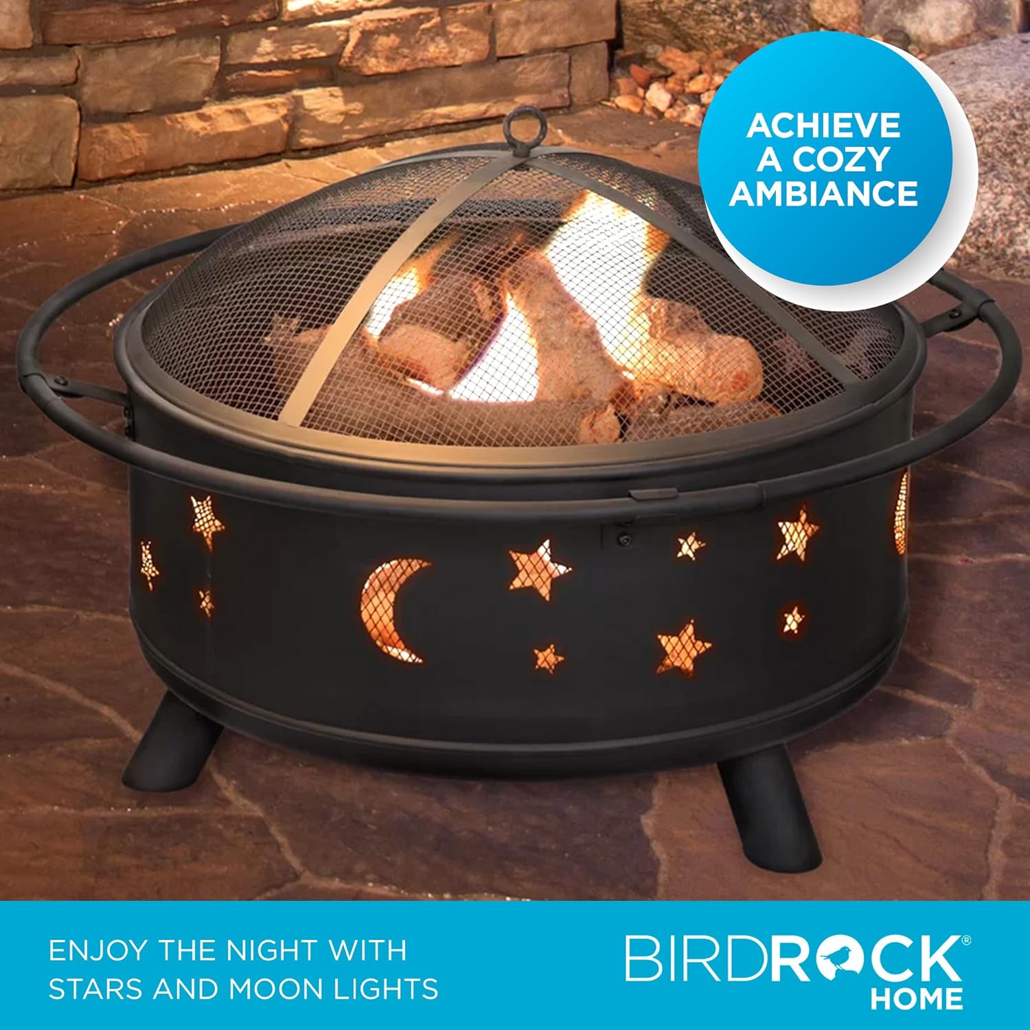 BIRDROCK HOME 30″ Round Wood-Burning Fire Pit – Portable Outdoor Patio & Garden Fire Bowl with Stars & Moon Cut-Outs, Spark Screen, Built-in Grate, 4 Roasting Sticks & Fire Poker - Black