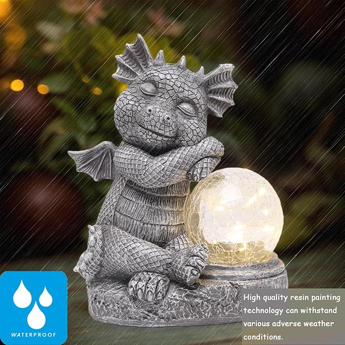 Garden Outdoor Dragon Statue Holding Solar Magic Orb LED Light Resin Adorable Baby Dragon Figurines for Patio Balcony Yard Lawn Garden Unique Housewarming Gift for Mom Grandma