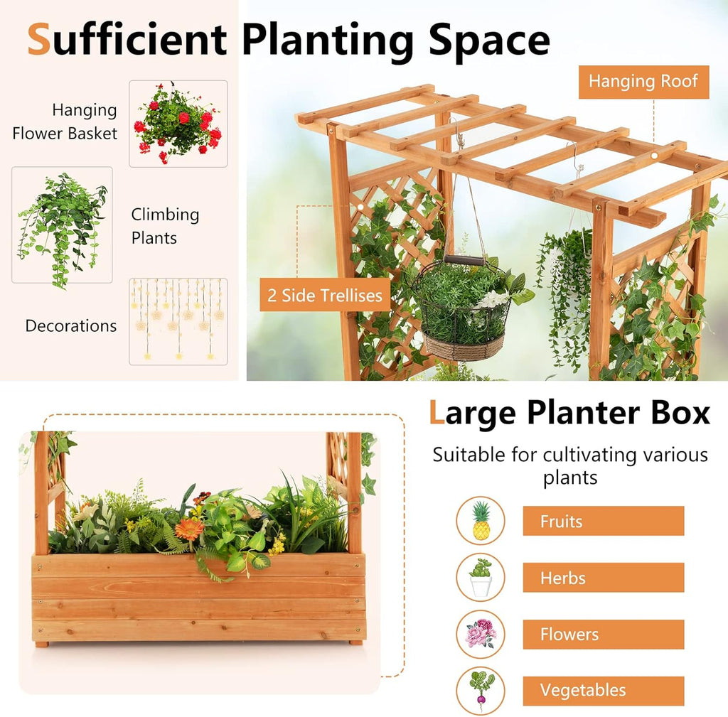 S AFSTAR Raised Garden Bed with Arch Trellis, Wood Planter Box with Hanging Roof, Side Trellis, 4 Drainage Holes, Above Ground Elevated Garden Bed for Outdoor Climbing Plants Vines Patio