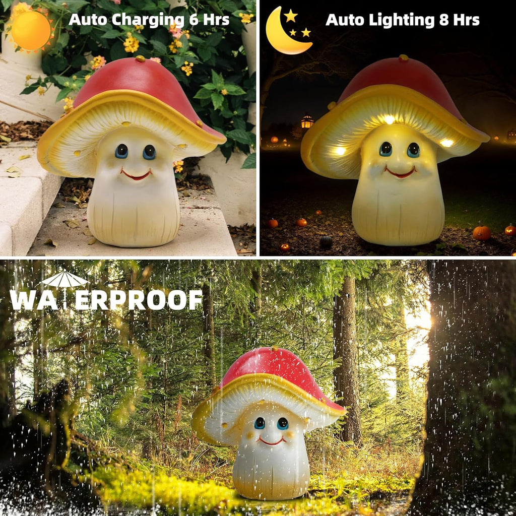 Solar Garden Small Mushroom Decor Outdoor Statue - Mushroom with Waterproof Sculptures Lights, Cute Mushrooms Pond/Yard Statues Outside Decoration, Home, Lawn, Patio, Resin Fairy Ornament