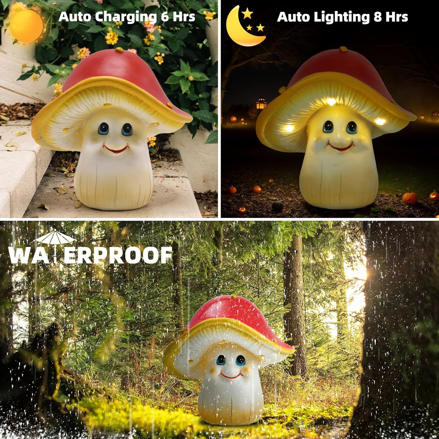 Solar Garden Small Mushroom Decor Outdoor Statue - Mushroom with Waterproof Sculptures Lights, Cute Mushrooms Pond/Yard Statues Outside Decoration, Home, Lawn, Patio, Resin Fairy Ornament