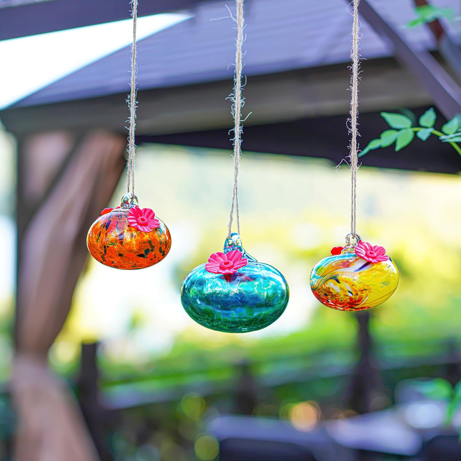 Set 3 Small Blown Glass Hummingbird Feeders for Outdoors Hanging with 2 Flower Feeding Ports Glass Humming Bird Feeders Garden Decor for Outside