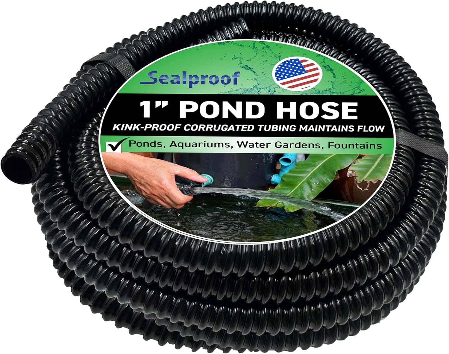 Sealproof 1" Dia. Corrugated Pond Tubing 1-Inch ID, 20 FT Length, Black PVC Kinkproof Strong Flex Tubing Made in USA