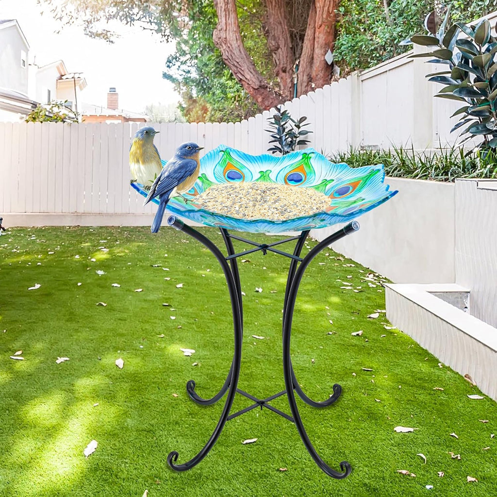 MUMTOP Outdoor Glass Birdbath with Metal Stand for Outside Yard Garden Decor, 18 inch Diameter Peacock Bird Baths Bowl for Outdoors, 21.65 inch Height
