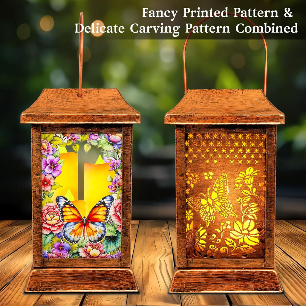 Butterfly Solar Lanterns Outdoor Waterproof, Metal & Glass Hanging Lights Garden Decor, Birthday Gifts for Women Mom Grandma Mothers Day, Decorative Lights for Outside Yard Patio Backyard Porch