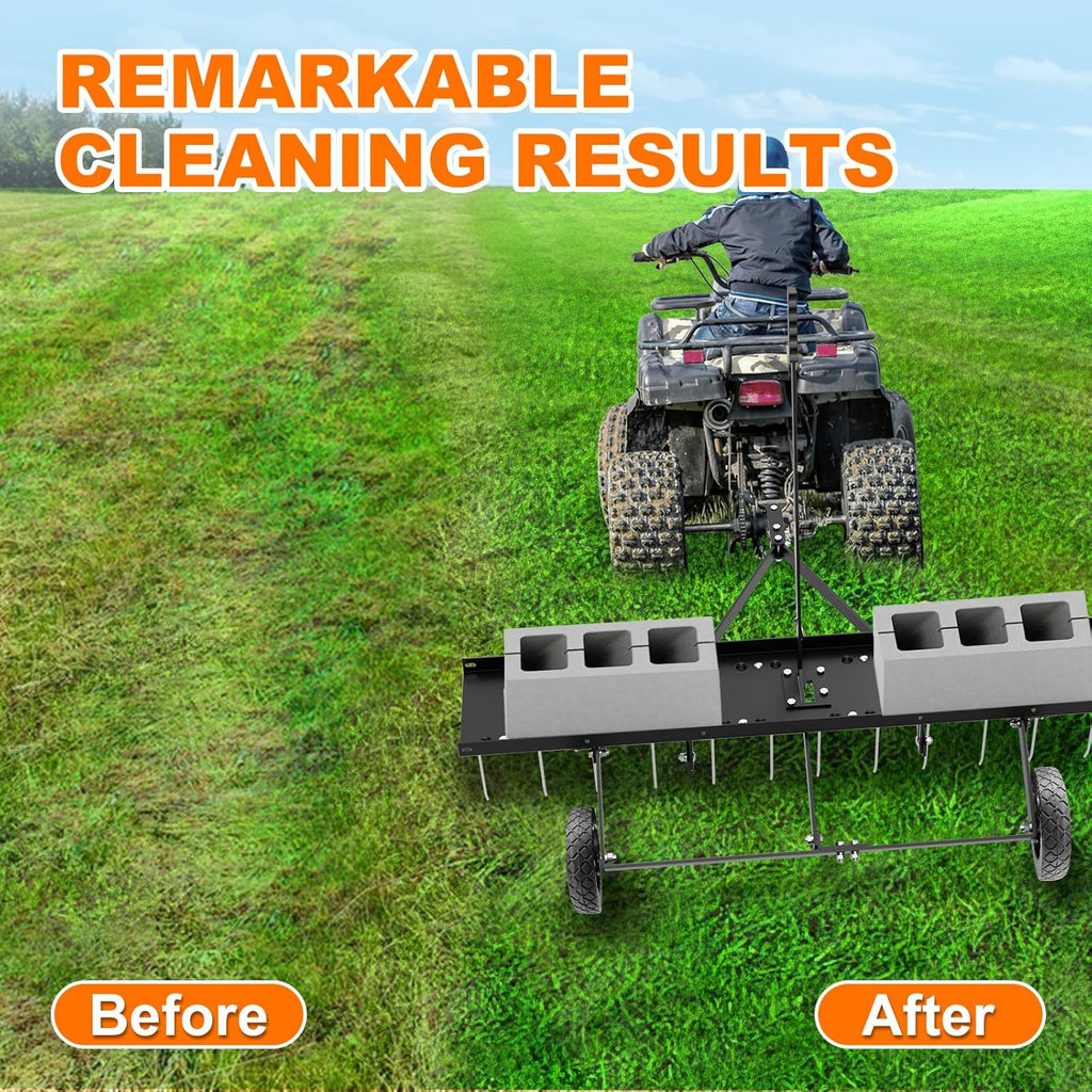 48" Tow Behind Lawn Dethatcher, Pull Behind Rake with 24 Rust-Proof Tines and Heavy Tires, Lawn Tractor Rake with Lift Handle, Black Tow Behind Rakes to Remove Thatch, Leaves from Large Lawn Area