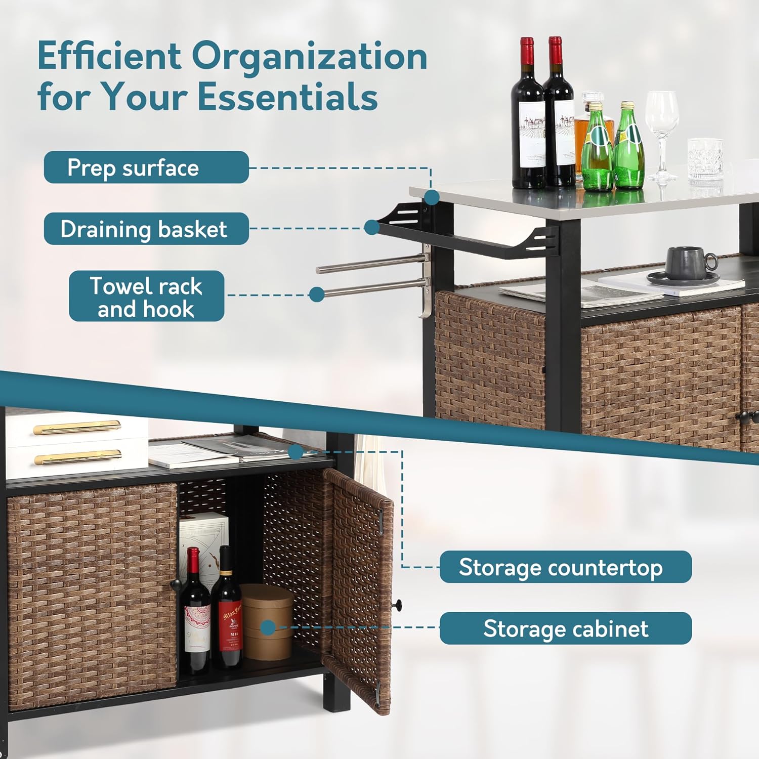 Grill Cart Outdoor with Wheels, Outdoor Prep Table with Wicker Storage and Rolling Wheels, Kitchen Island Serving Cart with Stainless Steel Table Top for BBQ, Porch, Patio, Brown