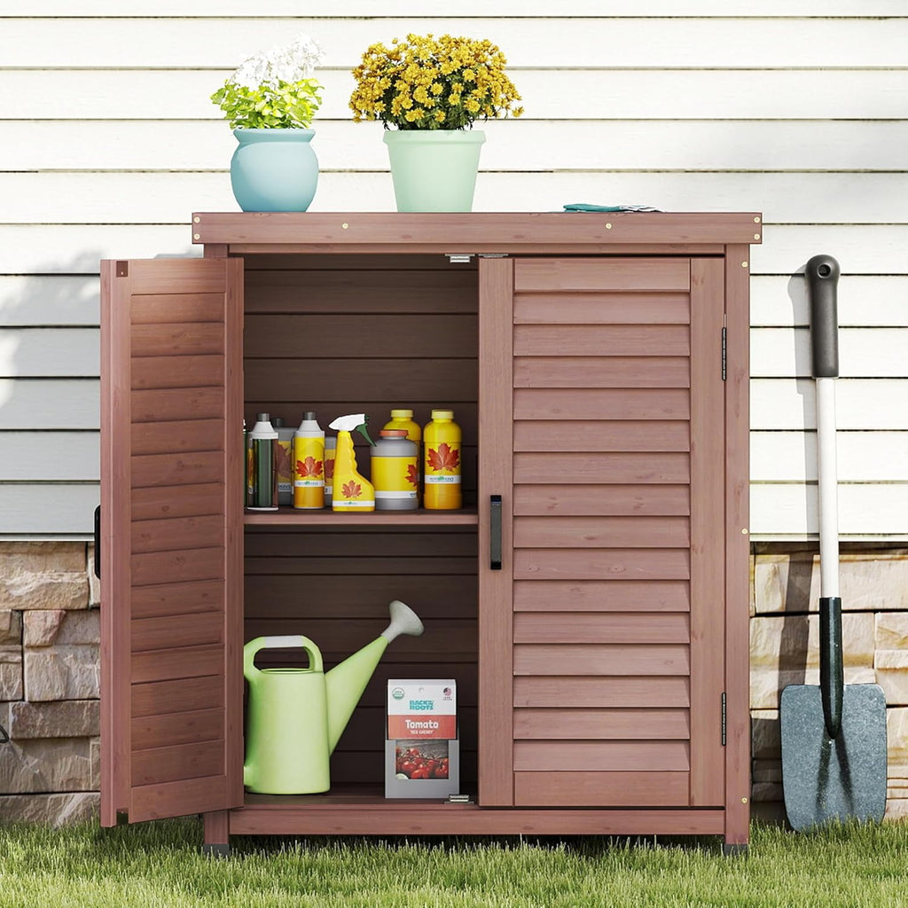 Potting Bench with Storage Cabinet and Metal Table Top for Outdoor Patio, Garden Furniture Wood Workstation