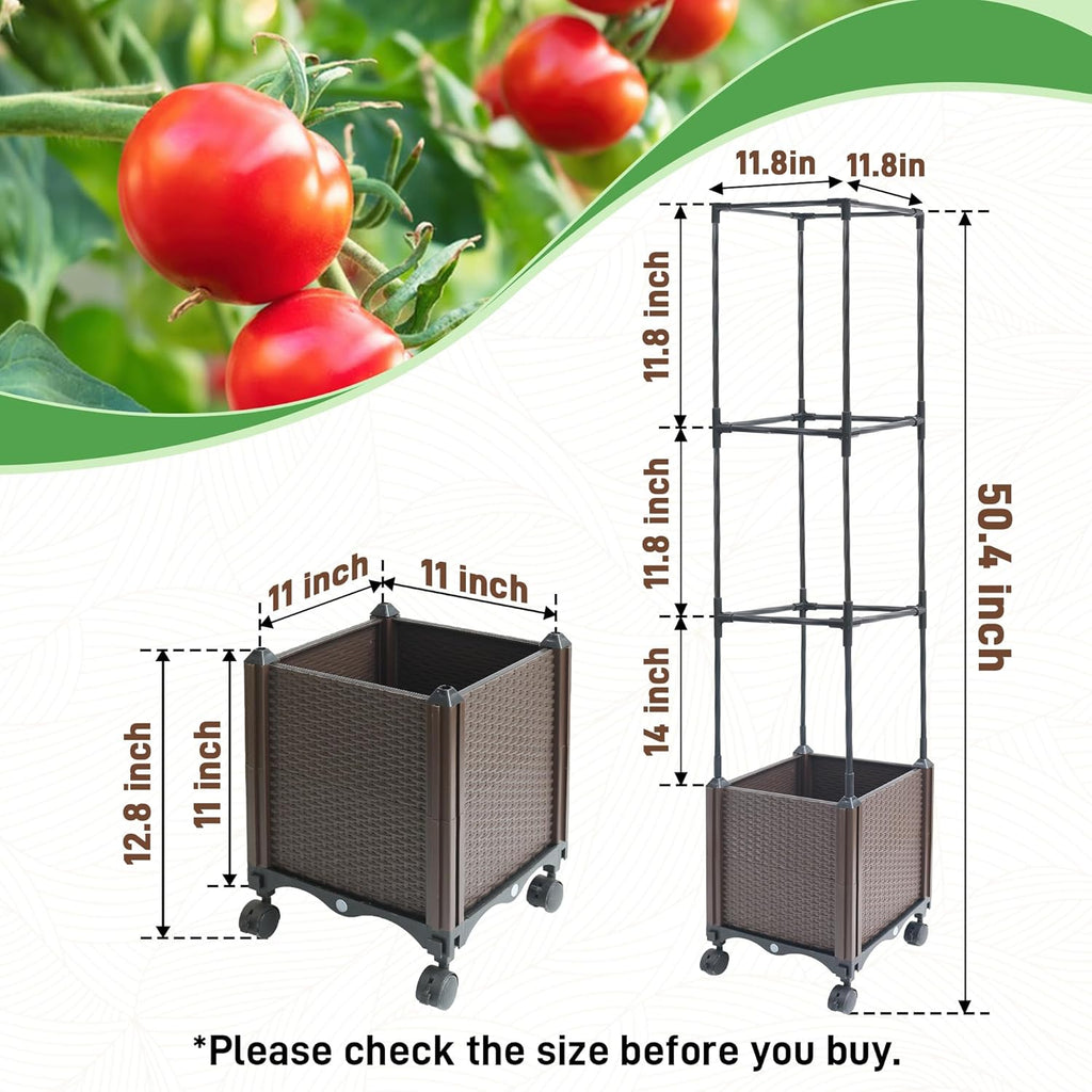 Raised Garden Bed with Tomato Planter Cage,50.4" Self Watering Tomato Planter with Plastic Coating Steel Pipe for Climbing Vine Flowers Outdoor, Tomatoes Cage with Trellis Wheels, 1Pack