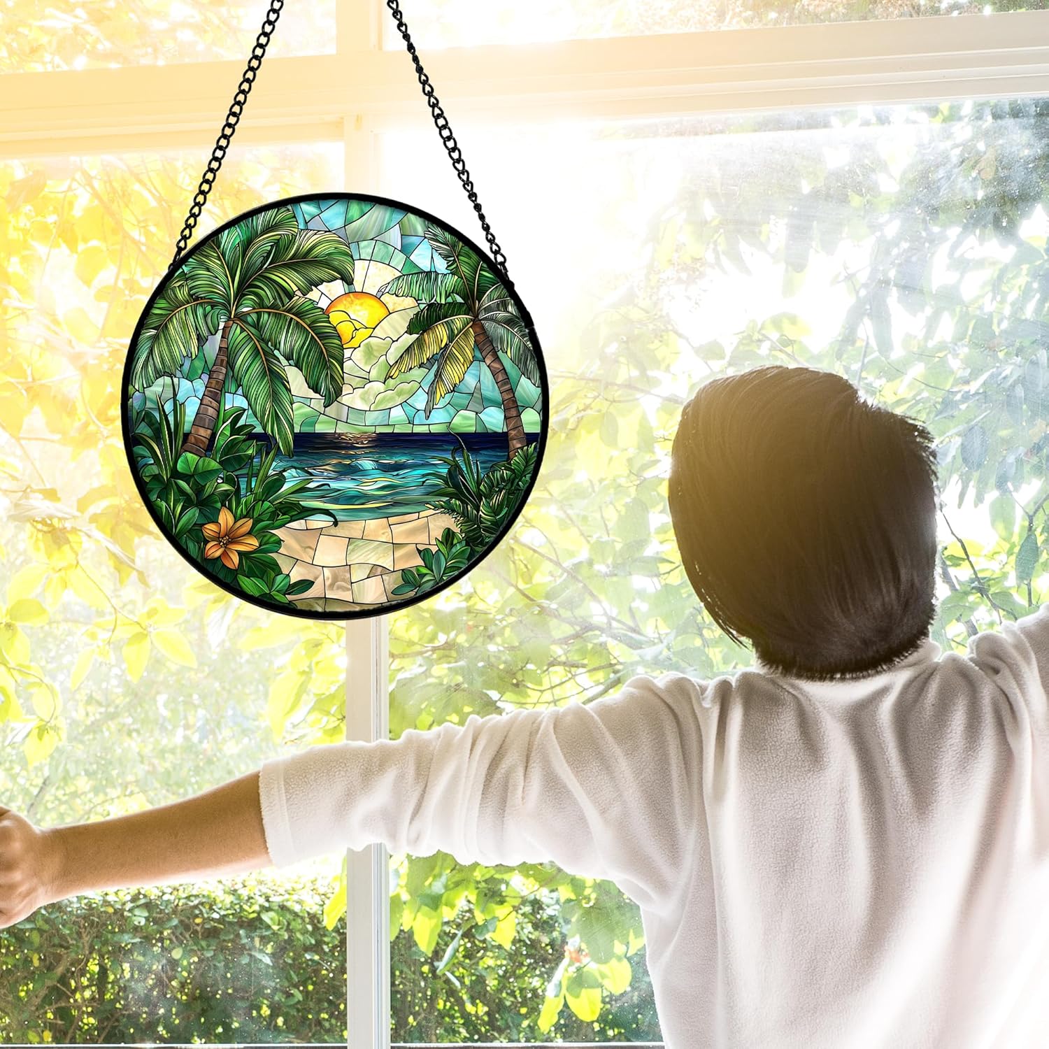 Stained Glass Window Hanging, Green Beach Scenery Suncatcher Diamond Glass Panel Hangings Sun Catchers Decor for Birthday for Women, Men, Wife, Aunt, and Mom 9.8 in