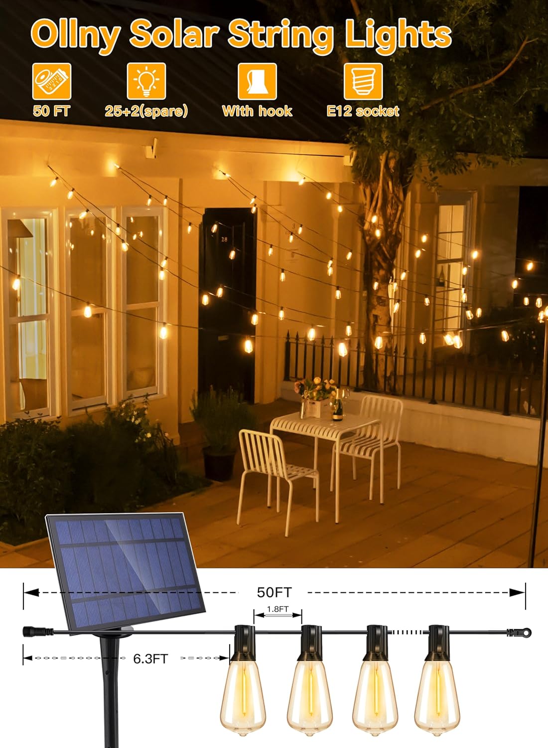 Ollny 25+2 LEDs ST38 Solar String Lights for Outside, 50 FT USB & Solar Dual Charging Outdoor String Lights, 3 Modes 5 Timers 10 Brightness 2200K Waterproof Patio Light for Porch Garden Camping