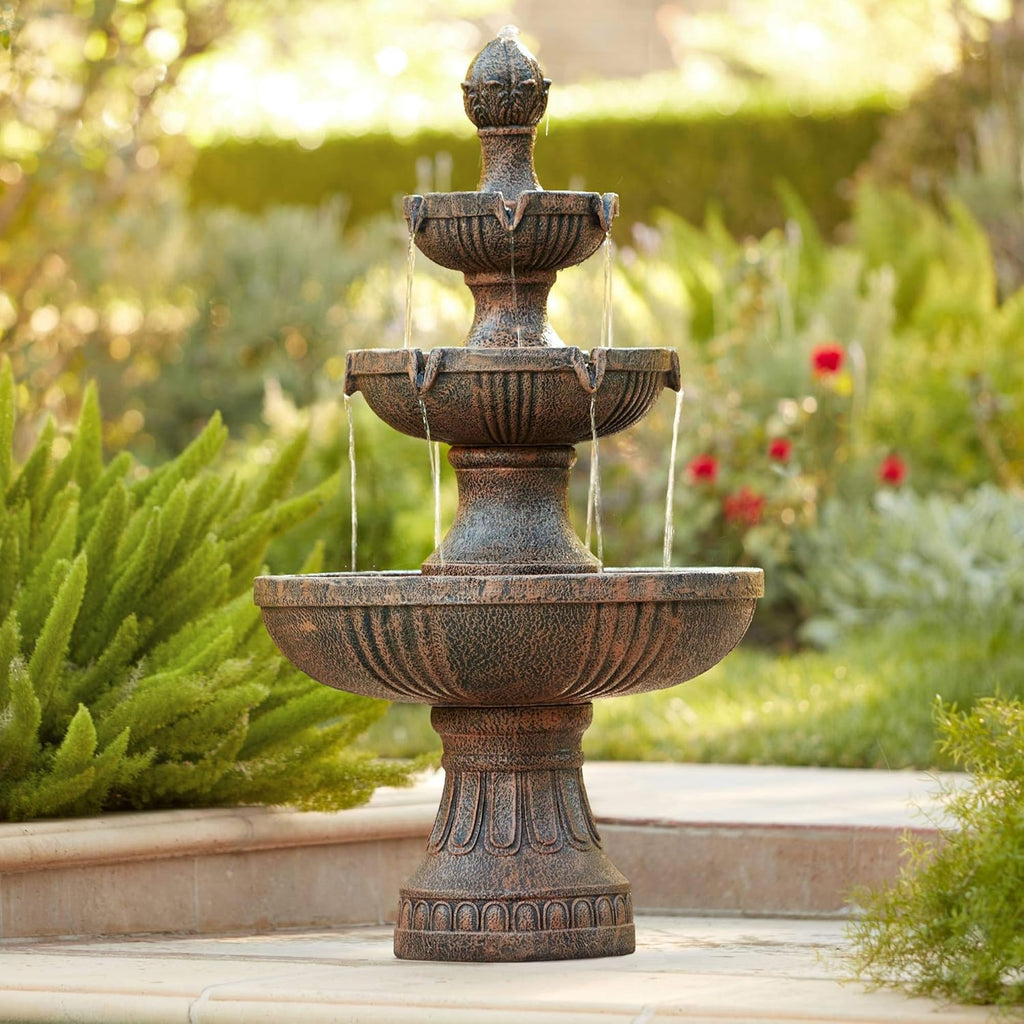 Ravenna 43" High Large Italian Indoor Outdoor Decor Faux Stone Floor Fountain Standing Waterfall 3-Tier Basin Tall Water Feature for Outside Garden Patio Yard Backyard Porch Deck - John Timberland