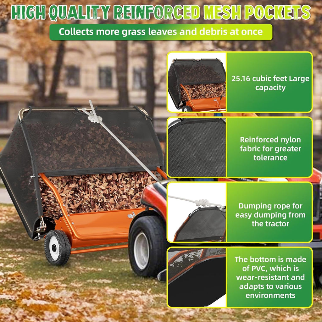 48" Lawn Sweeper Tow Behind, Grass Sweeper Tow Behind with 25.16 cu. ft Large Hopper, Heavy Duty Leaf & Grass Collector, Adjustable Brush Height Lever and Dumping Rope, Lawn and Yard Cleanup Tool