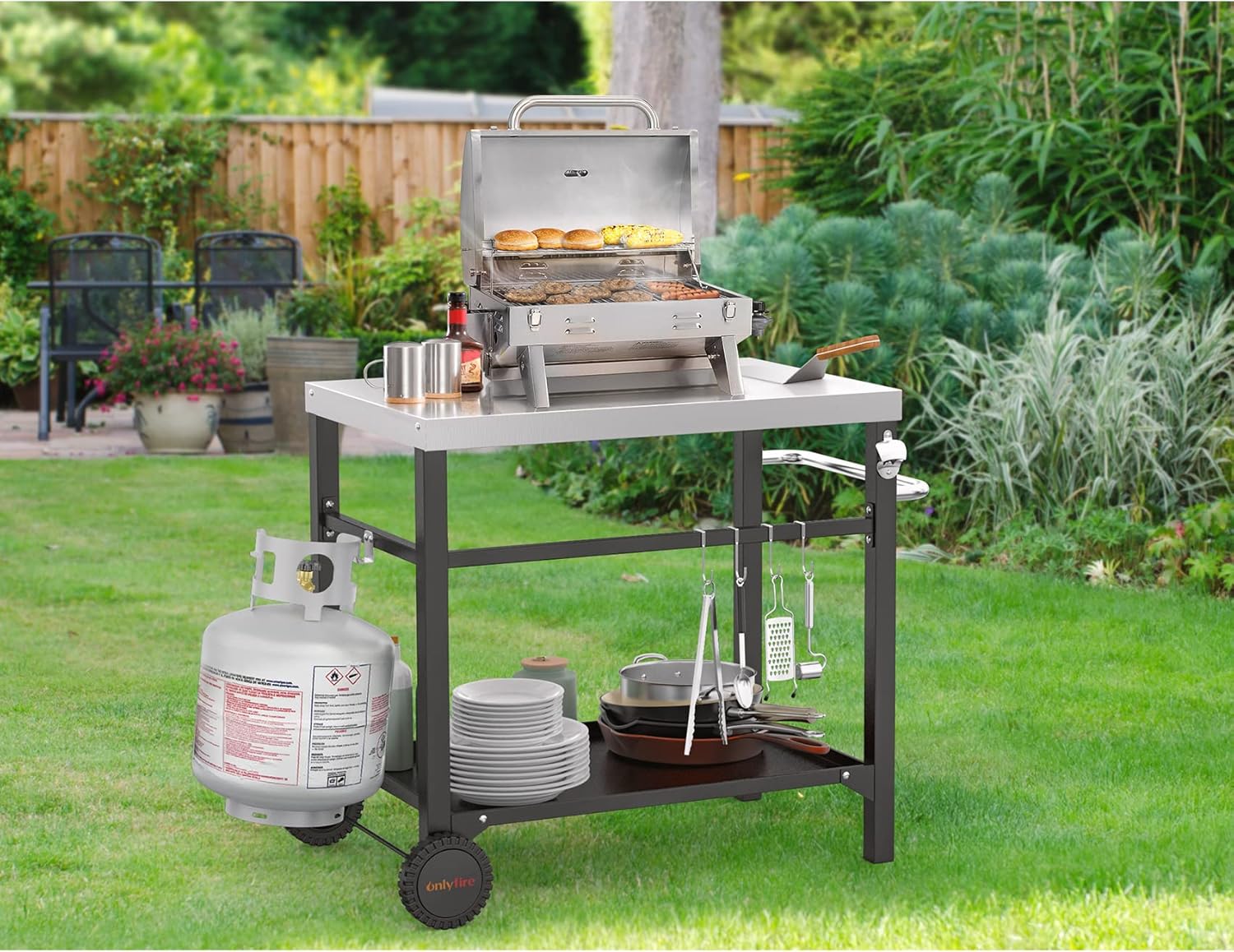 only fire Stainless Steel Movable Dining Cart Table, Pizza Oven Table, Multifunctional Utility Cart with Wheels for Outdoors, Kitchen or Backyard Patio