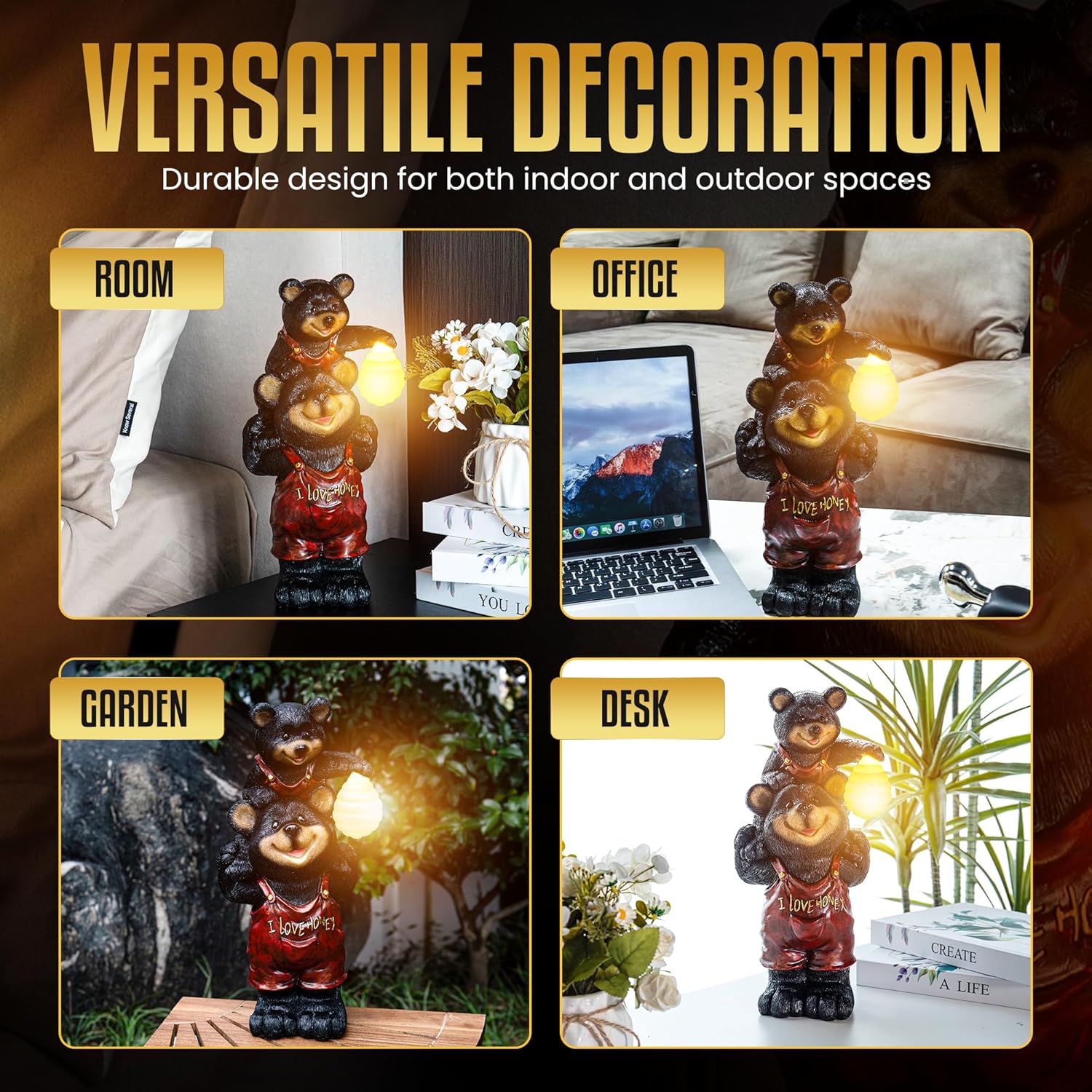 Black Bear Beehive Solar Light Figurine - Outdoor Waterproof Garden Statue - Animal Decor Light - Mother & Baby Bear for Outside - Patio, Yard, and Lawn