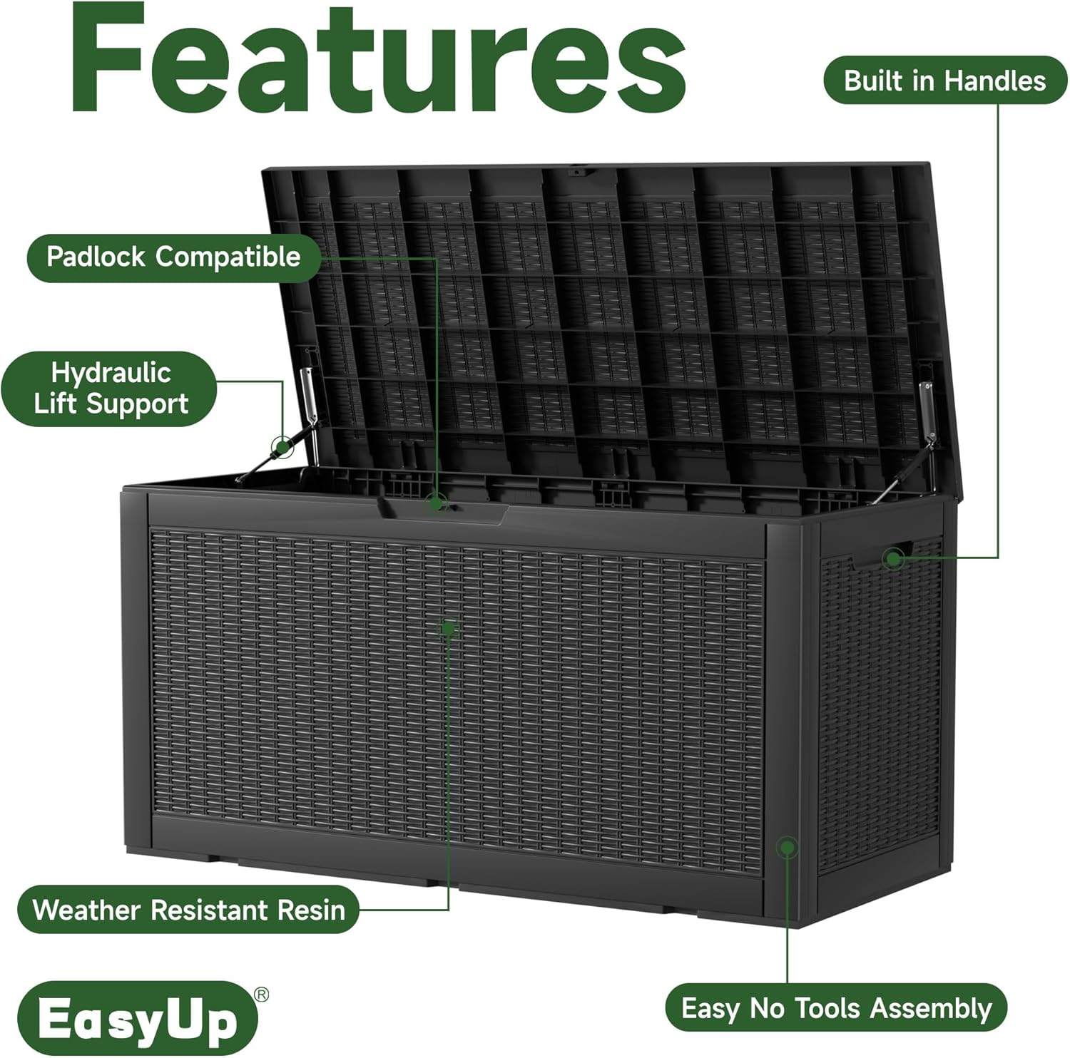 100 Gallon Outdoor Storage Box Waterproof, UV Resistant Resin Deck Box with Hydraulic Rod, Reinforced Stability for Patio, Garden, Rattan Black