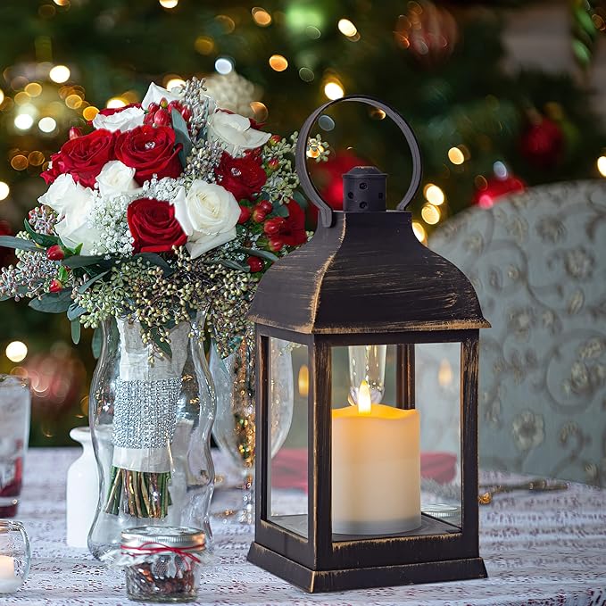 Vintage Lantern Decorative LED Flickering Flameless Candle with Timer, Battery Powered LED Decorative Hanging Golden Brushed Black Lanterns for Indoor Outdoor Garden Yard Home Decor(4 Pack)