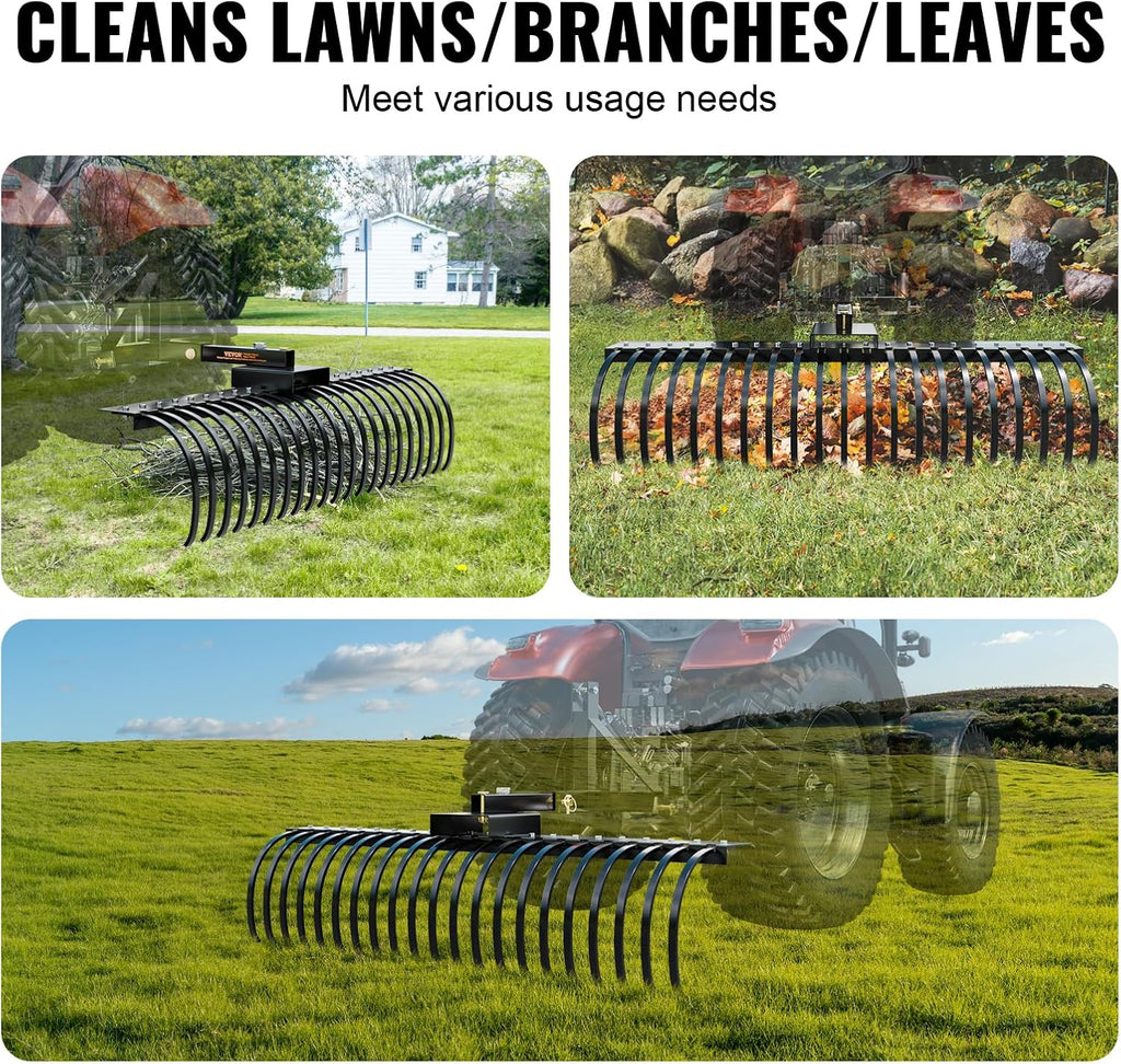 VEVOR Tow Behind Landscape Rake, 60" Tow Dethatcher with 21 Steel Coil Tines, Lawn Dethatcher Rake Attaches to 48" or 60" Toolbars and 3-Point Suspension Systems, for Leaves, Pine Needles, and Grass