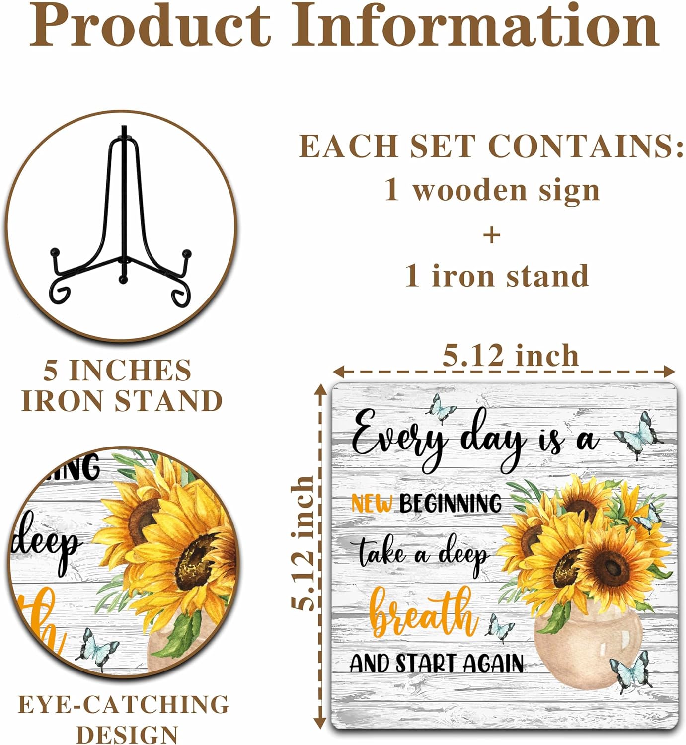 Motivational Gifts Wood Decor Sign, Inspirational Sunflower Wooden Rustic Farmhouse Decor with Stand for Home Desk Tabletop Shelf Decorations (A12)