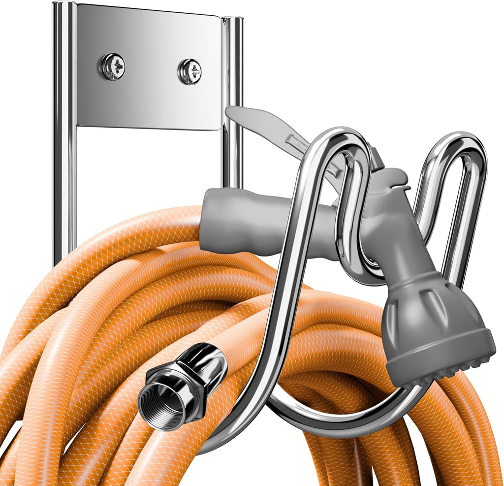 Stainless Steel Garden Hose Holder - Silver SS304 Water Hose Holder - Wall Mounted Hose Hanger Heavy Duty for Water Hose Extension Cords Vacuum Hose, Anti-Rust (2 Pack)