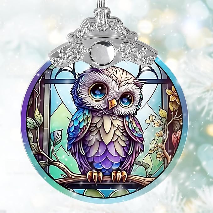 Owl Stained Glass Suncatcher, Jocidea Owl Ornament, Owl Christmas Ornament, Holidays Ornaments, Christmas Tree Ornament, Owl Decor, Gifts for Owl Lovers