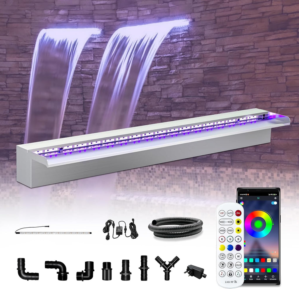 LONGRUN Waterfall Pool Fountain, Updated 5.9'' Wider Open Lip Stainless Steel Waterfall Spillway, Decorative Water Feature for Swimming Pools, Koi Ponds, Spa & Garden - 35.4''