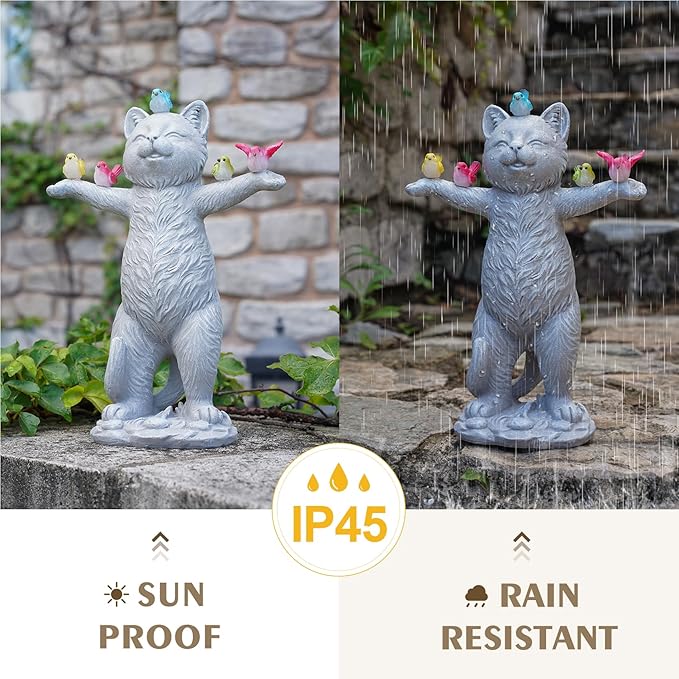 MININOVA Solar Outdoor Decorations Garden Statue Cat Figurines with Birds for Yard Patio Balcony Lawn Outside Ornaments Gifts for Women Mother Kids