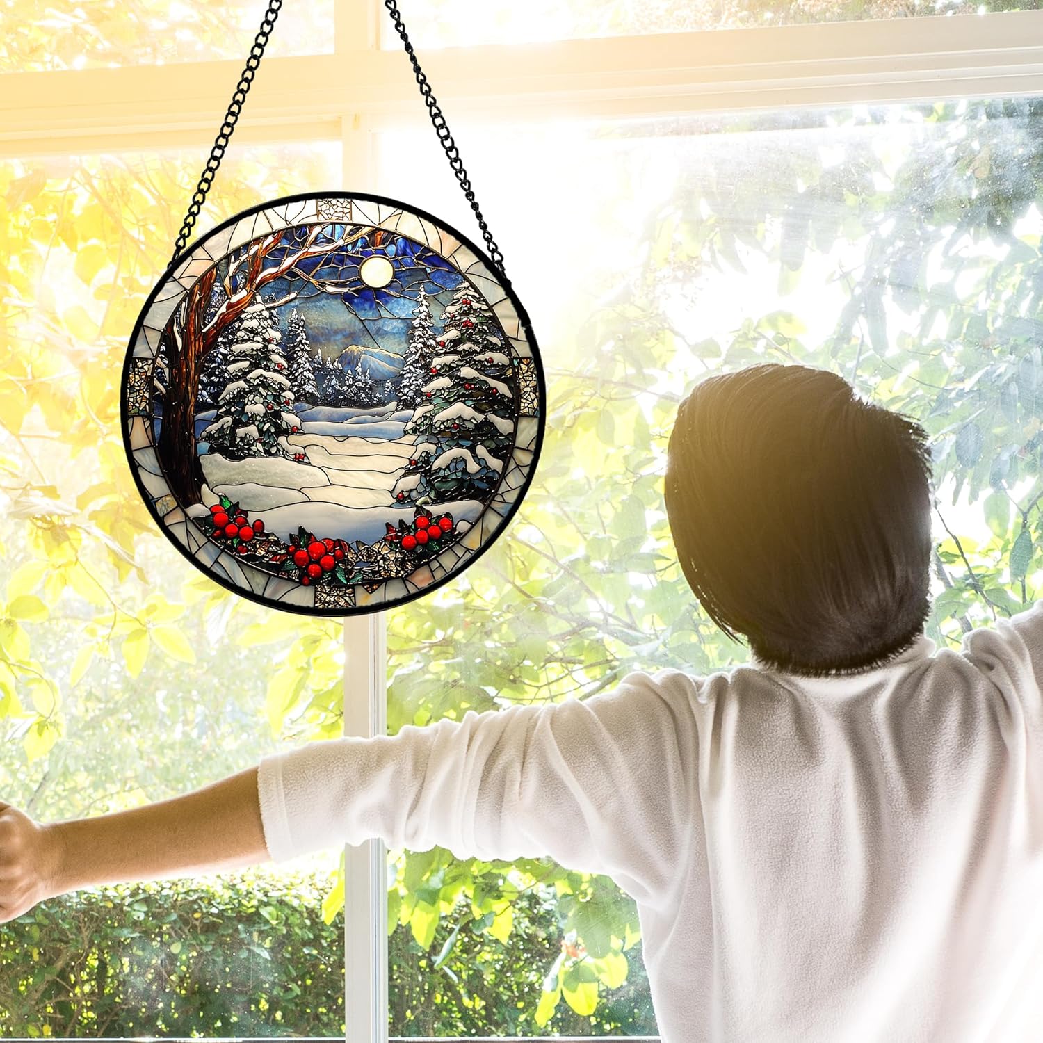 Stained Glass Window Hanging Christmas Tree Winter Snow Night Scenery 7.8" - Suncatcher Door Garden Kitchen Sun Catcher Home Decor Birthday for Mom Men Woman Friend