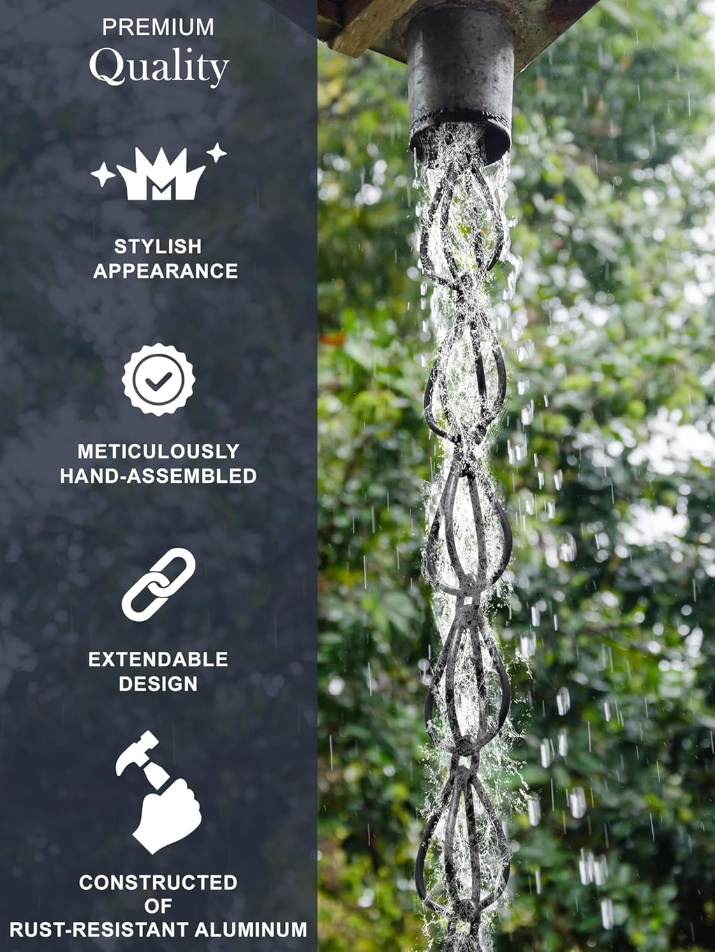 Monarch Rain Chains Aluminum Teardrop Rain Chain, 8.5 ft Black Powder Coated Aluminum Decorative Rain Catcher Chain for Gutters, Black Aluminum Rain Gutter Replacement Downspout