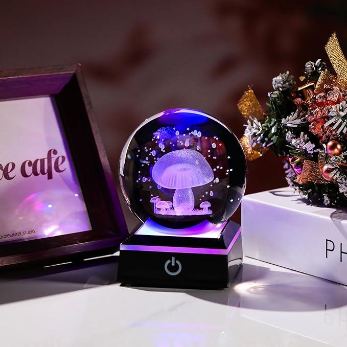 Qianwei 3D Crystal Ball Night Light - 3.14'' Mushroom Decor Glass Plants Lamp Figurines Statue for Room Decoration