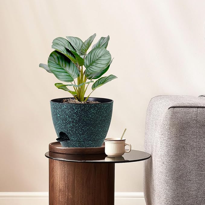 10 inch Self Watering Pots, Planter, Plant Pots with Mesh Drainage Holes for Indoor Outdoor House Plants and Garden, 2 Pack Plastic Flower Pots with Reservoir, Black with Green Speckles