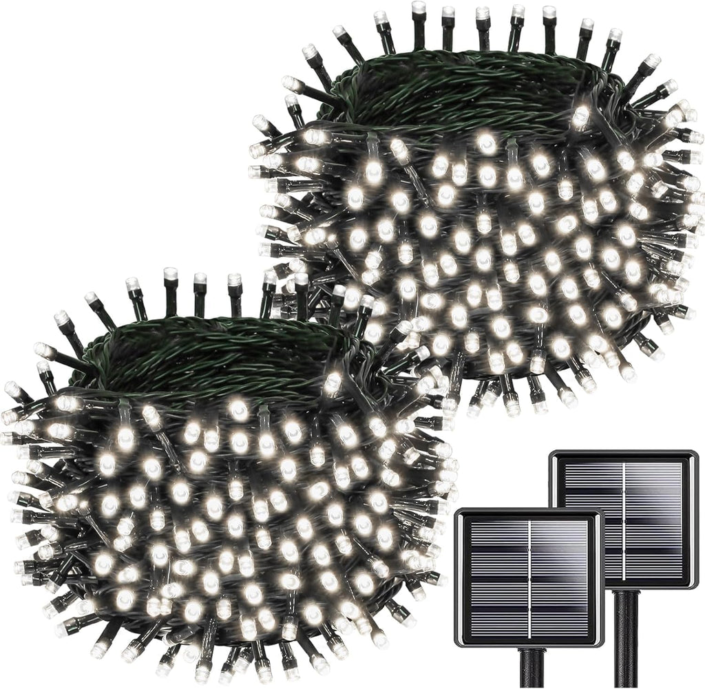 Solar String Lights Outdoor Waterproof 2PK 200LED 66FT Twinkle Lights Auto On/Off Solar Powered LED Fairy Light Green Wire with 8 Modes for Christmas Tree Party Wedding Garden Decoration (Cool White)