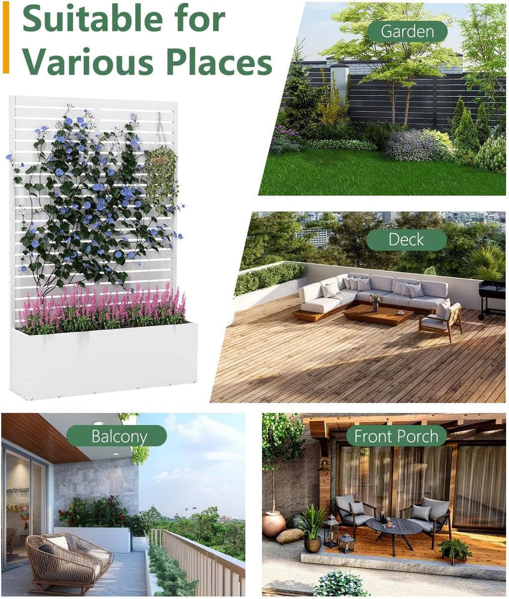 2PCS Metal Planter Box with Trellis,70.9"x47.2"x15.7" Raised Garden Bed with Drainage Holes, Privacy Planters for Outdoor Garden Bed for Climbing Plants,Vegetables,and Vines, White-louvered