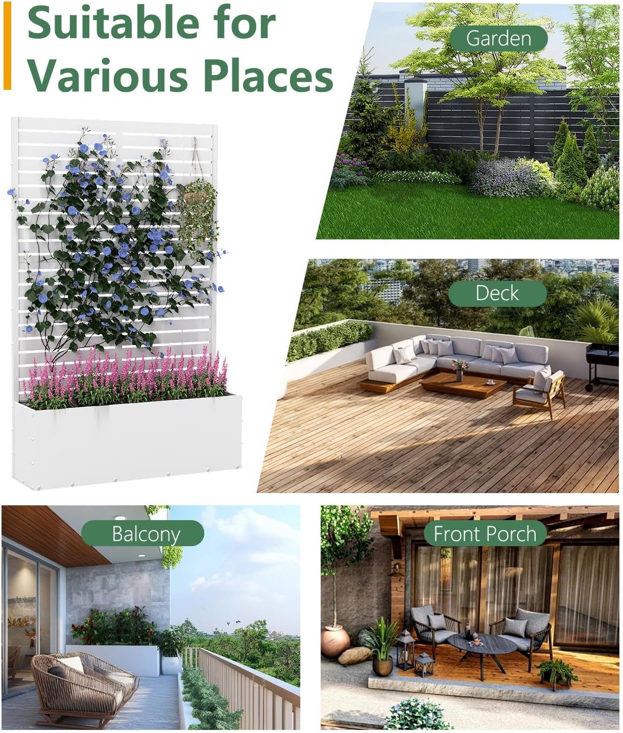 2PCS Metal Planter Box with Trellis,70.9"x47.2"x15.7" Raised Garden Bed with Drainage Holes, Privacy Planters for Outdoor Garden Bed for Climbing Plants,Vegetables,and Vines, White-louvered