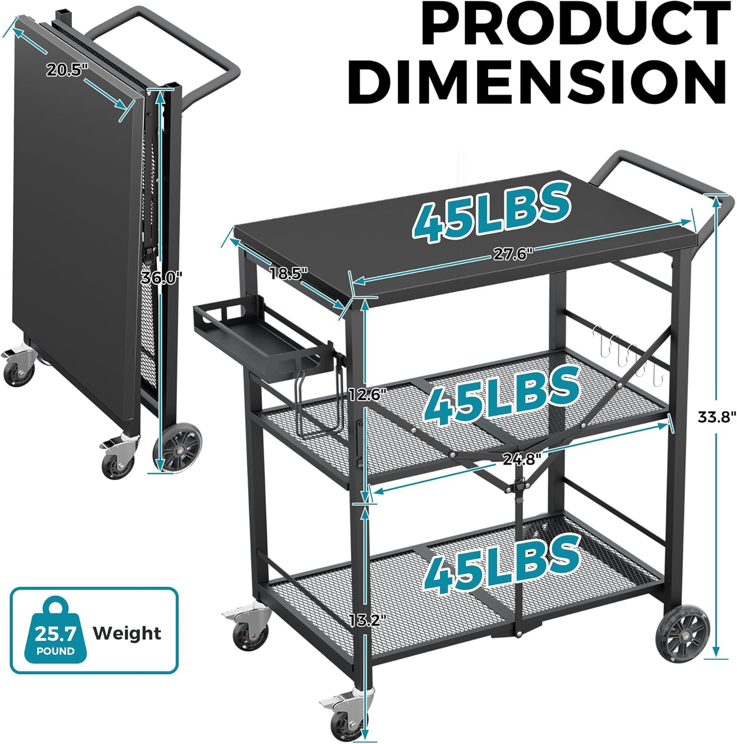 Ciokea Folding Outdoor Grill Cart with Wheels, 3-Shelf Grill Table with 27x18 in Table Top, Rolling Pizza Oven Stand, Metal Portable Cart for BBQ Patio Camping (All Black)