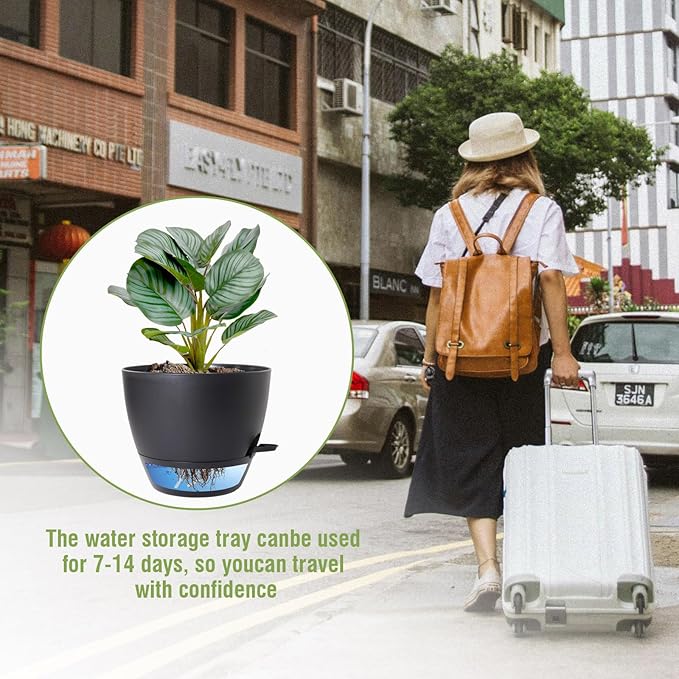 10 inch Self Watering Pots, 2 Pack Plastic Planters with Mesh Drainage Holes for Garden Plants and Flower, Plants Pots with Deep Reservoir for Indoor Outdoor Plants, Black