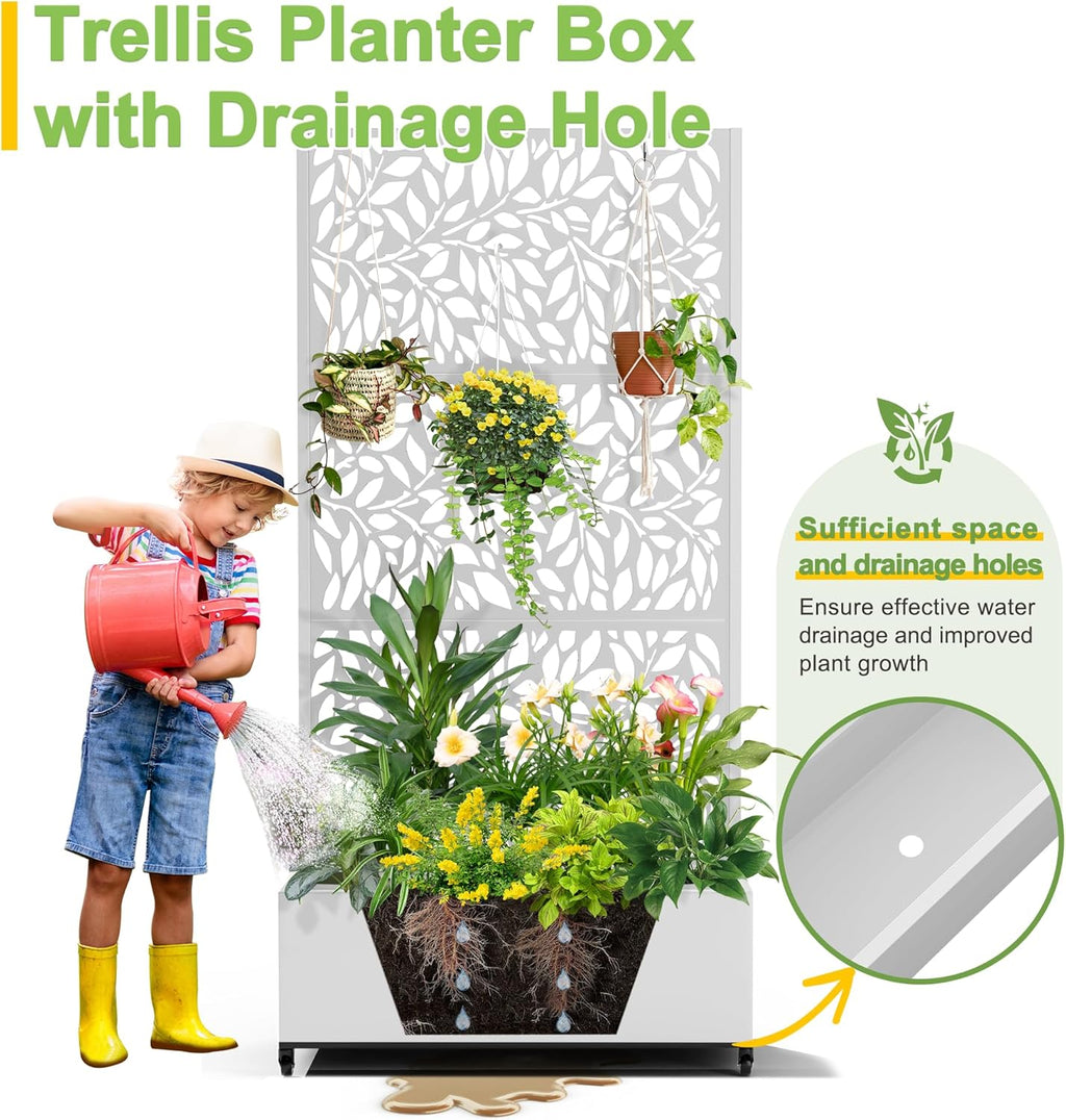 FENCY Metal Raised Garden Bed with Wheels and Trellis,73"x35"x16" Planter Box for Climbing Plants, Vegetables & Vines, Features Privacy Screen and Drainage Holes (White-Leaf-2)