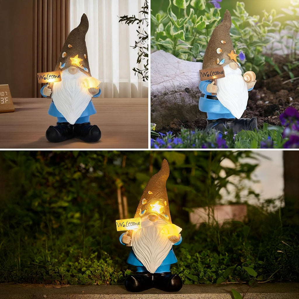 Solar Garden Gnomes Decor Outdoor Statue - Gnome Welcome Sign with LED Waterproof Sculptures Lights, Gnome Pond/Yard Statues Outside Decoration, Home, Lawn, Patio, Resin Ornament, Gardening Gift