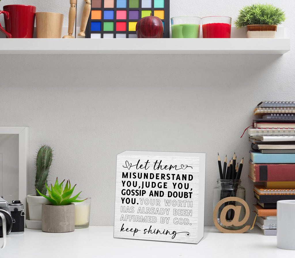 Let Them Wooden Sign, Desk Decorations For Women Office, 5x5 Inch Farmhouse Funny Office Decor Wood Box Sign, Desk Shelf Cubicle Accessories, Appreciation Gifts for Coworkers Boss, 09