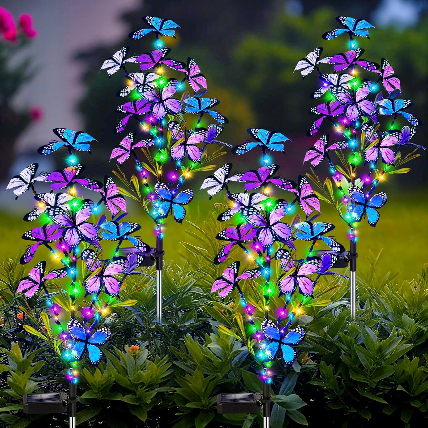 Solar Garden Lights Outdoor, Waterproof 4 Pack Solar Butterfly Lights with 60 LED 12 Butterfly Colorful Lighting for Garden Yard Lawn Outdoor Decor, Gift for Mom Women Mother's Day