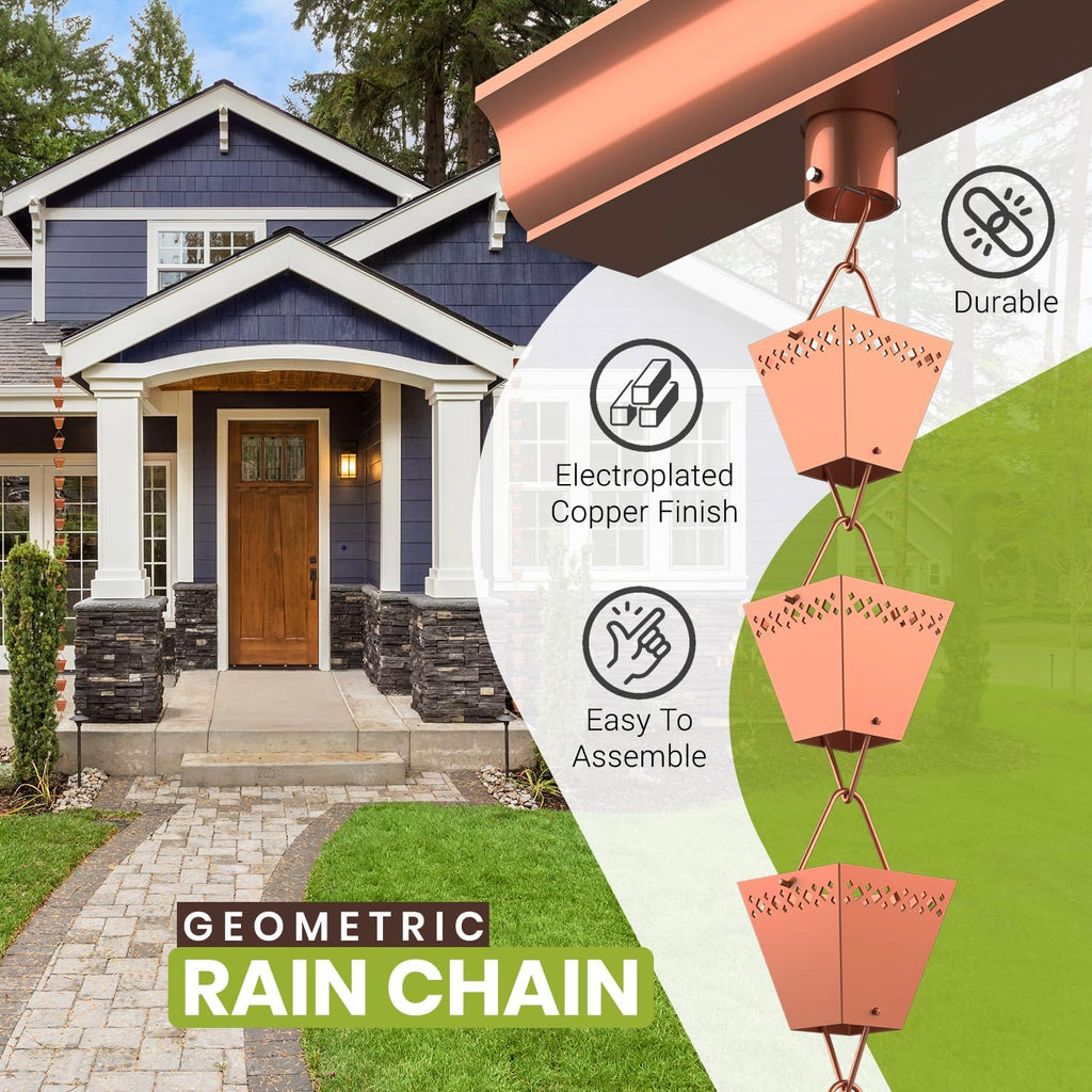 Rain Chain Kit w/Adapter & Extension | Copper Rain Chains for Gutters 10 ft | Rain Chain | Gutter Chain Downspout | Rain Chains for Outside | Rain Catcher | Rain Chimes