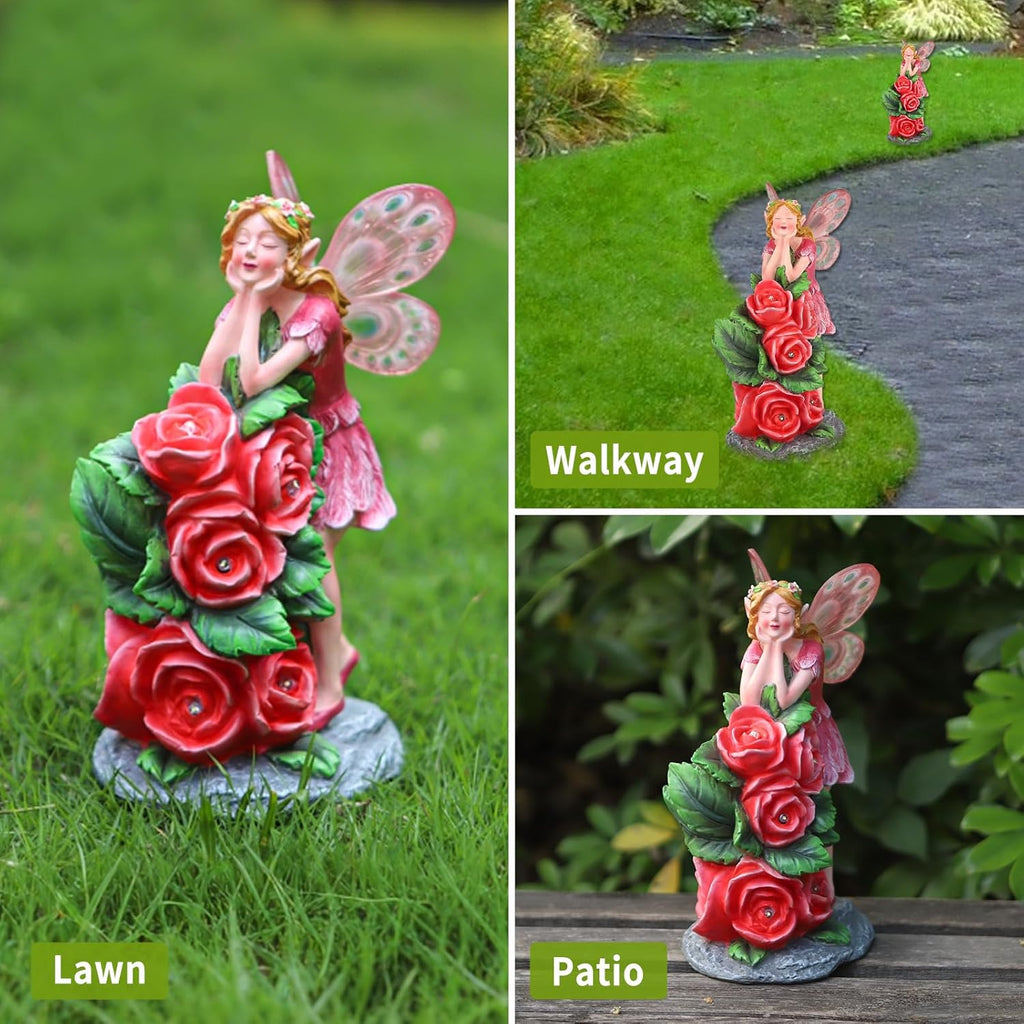Solar Garden Outdoor Statues Cute Flower Fairy with 7 LED Solar Figurine for Lawn,Patio, Balcony, Yard Unique Housewarming Gift, for Woman, Mom, Grandma