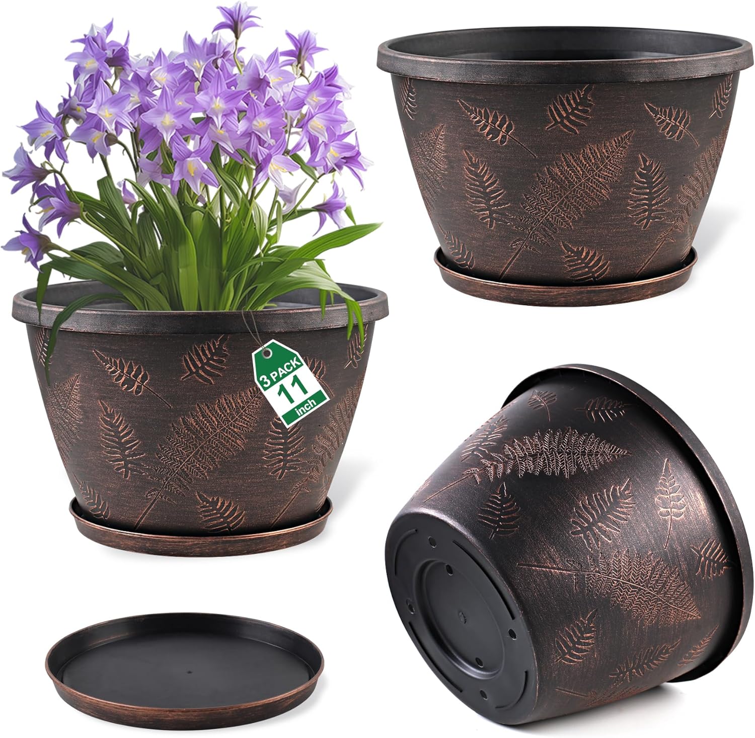 11 inch Plant Pot, 3 Pack Large Pots for Plants, Flower Pots with Drainage Hole & Saucer, Modern Planters for Indoor Outdoor Plants, Decorative Plastic Garden Pots (Copper)