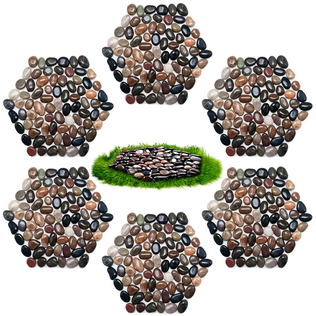 10in River Rock Stepping Stones Set - 6 Pack | Polished Pebble | Long-Lasting PVC Mesh Backing | Perfect for Garden Paths and Lawns Outdoor Landscaping Decoration | Mixed Rhombus