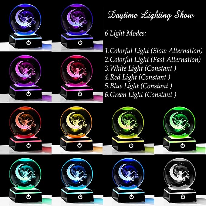 Qianwei Moon Fairy 3D Crystal Ball Laser Engraved Fairy Glass Ball Fairy Night Light Decorative Globes 3D Crystal Moon Sphere Fairy Gifts for Girl Her Fairy Lover